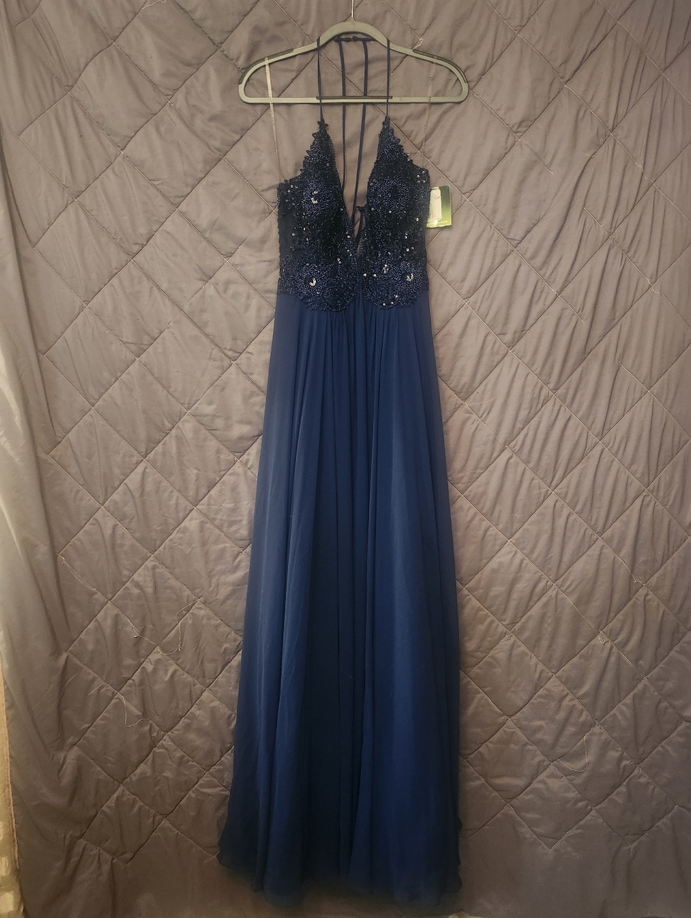 Navy ​Embellished Lace Chiffon A-Line With Plunging Neck
